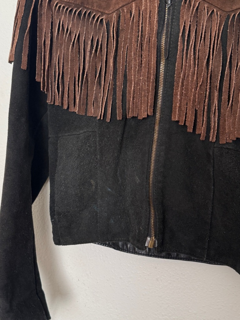 Vintage 70s Fringe Suede Leather Jacket Cropped Western Boho Brown Black - Picture 9 of 10